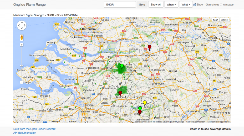 Het bereik dat een station heeft, beter gezegd de locaties waar een basisstation een FLARM signaal heeft ontvangen. Zo bereikt de ontvanger op Gilze ook de vluchten vanaf Weelde.